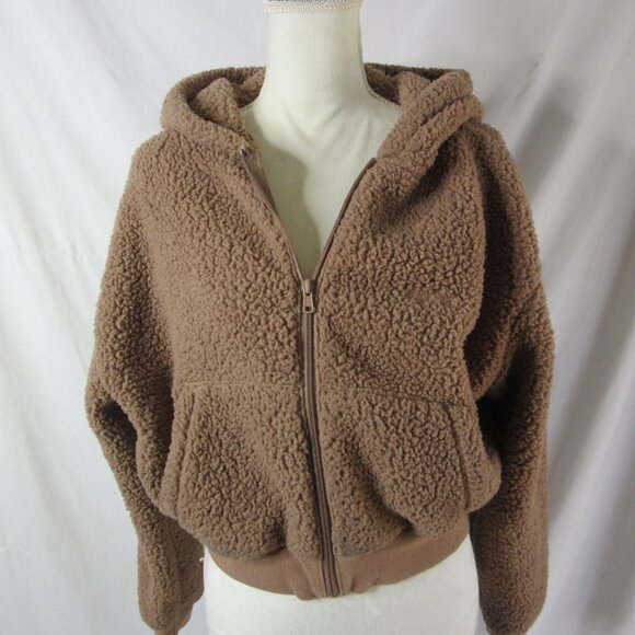 Skims Hoodie Teddy Bear Fleece Sherpa Cropped Full Zipper Brown Size Medium - Picture 1 of 8